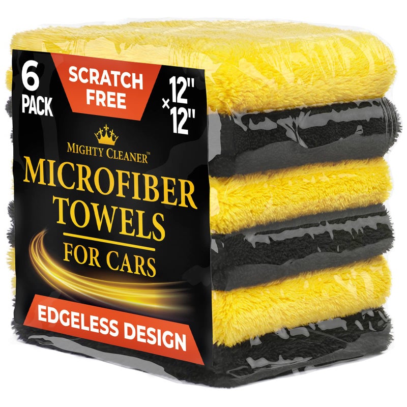 Mighty Cleaner مناشف من الألياف الدقيقة بدون حواف للسيارات - 6 قطع (12 × 12) - 540 جرامًا لكل متر مربع - مناشف تجفيف فائقة النعومة لتفصيل وتلميع السيارة - خالية من الخدوش - أقمشة تنظيف ماصة من الألياف الدقيقة للسيارات - Image 1